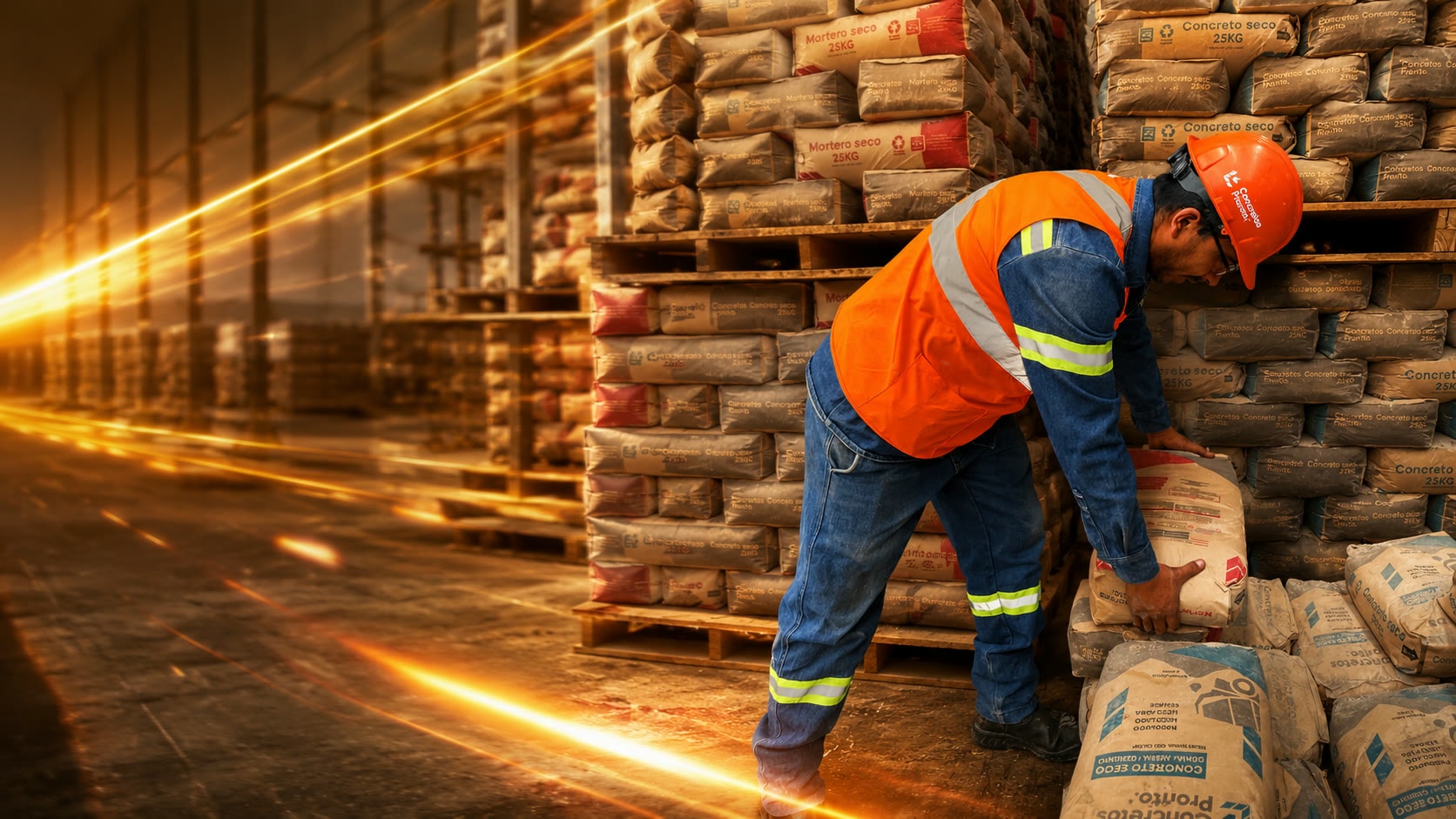 Obrero acomodando sacos de concreto Pronto en almacén