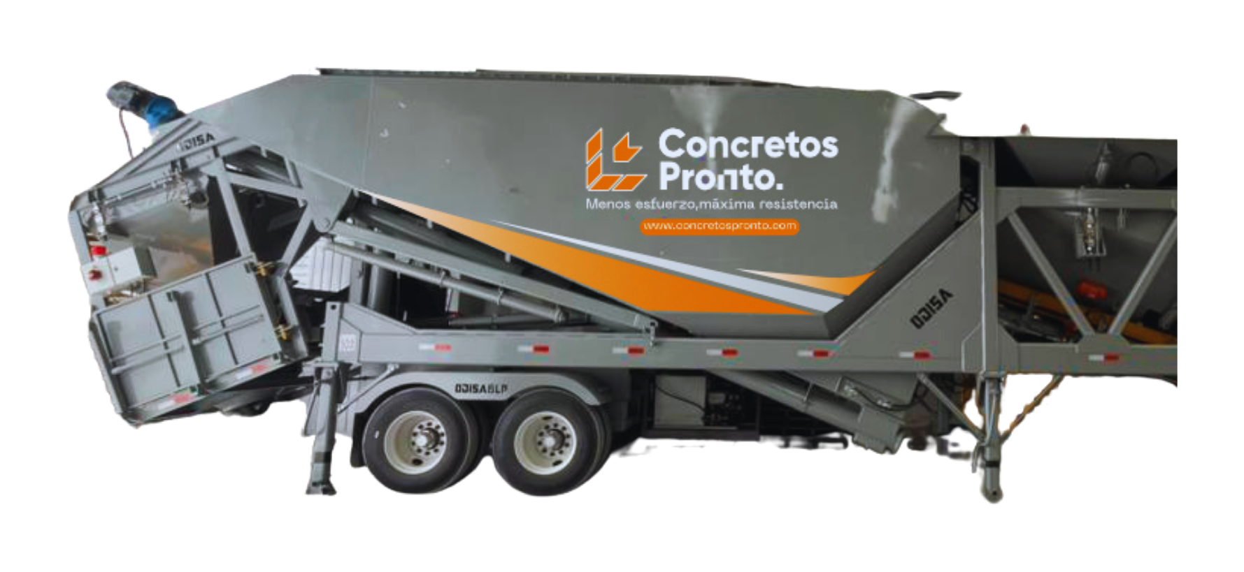 Planta móvil ODISA sobre remolque, rotulada Concretos Pronto
